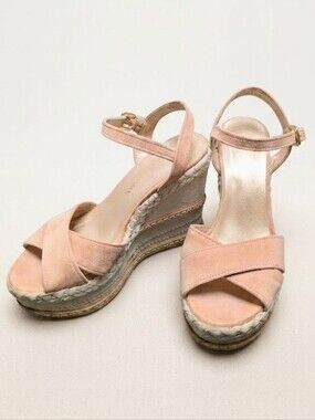 Stuart Weitzman Nude Blush Suede Espadrilles Wedge Platform Sandals Size US 6